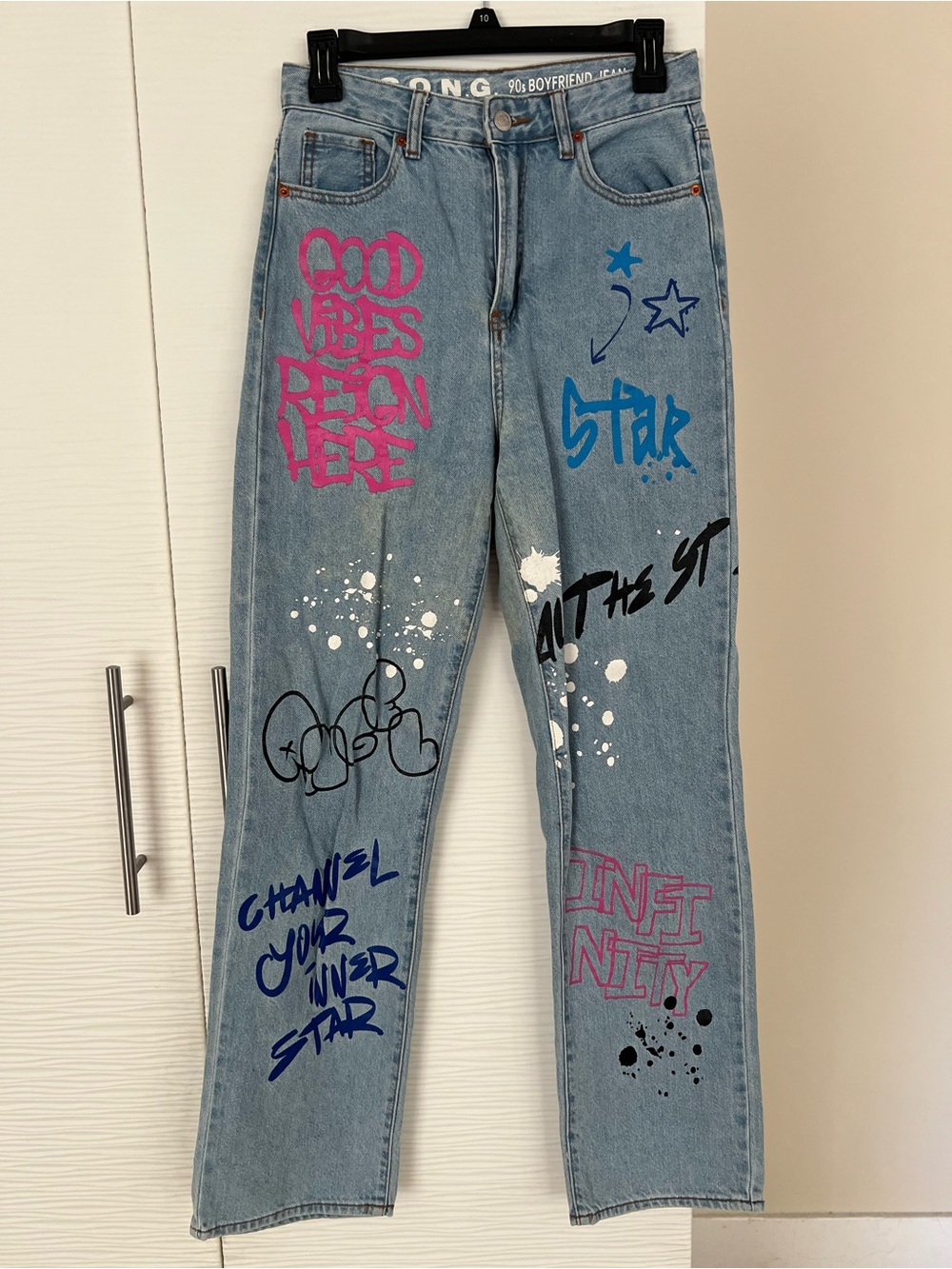 Light Wash Straight-Leg Jeans with Pink & Blue Graphic Artwork